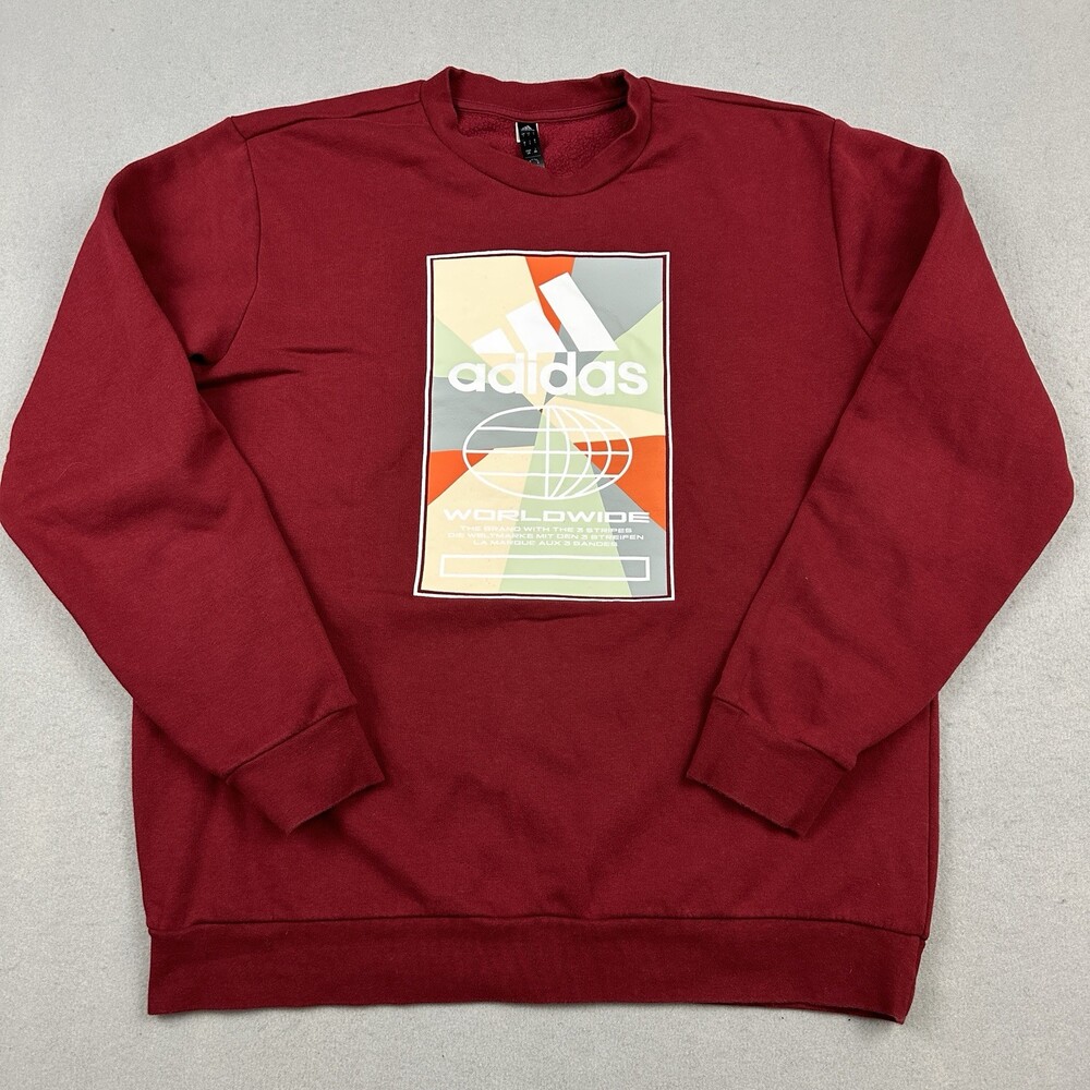 Adidas Sweatshirt Men Large Burgundy Worldwide Graphic Fleece Pullover Jumper L